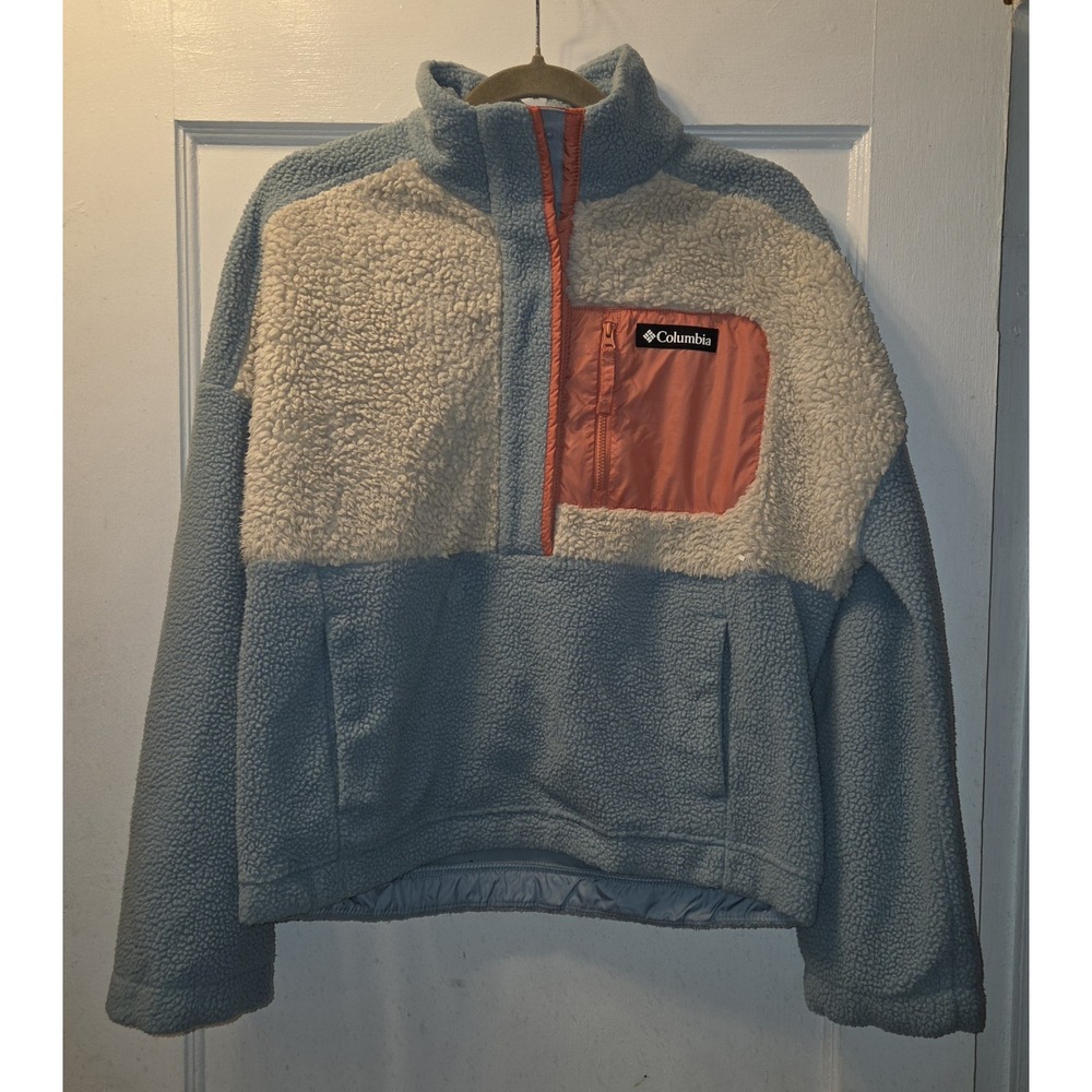 Columbia Womens Colorblock Lodge Sherpa Fleece Zip Pullover. White Blue Coral. M